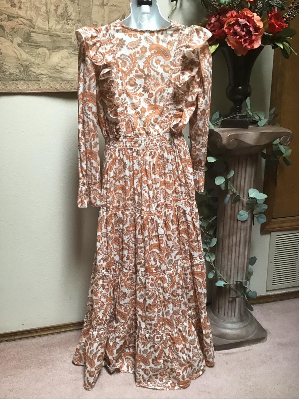 Maje Rust and Cream Paisley Ruffle Maxi Dress - Picture 3 of 8